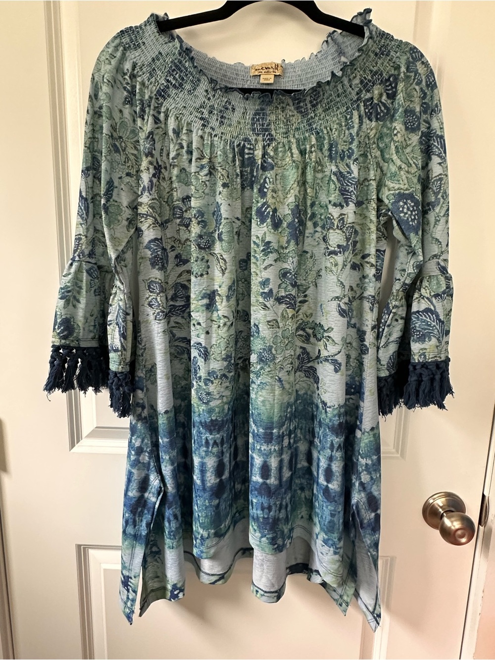 ONE WORLD Blue-Green Floral Smocked Tunic with Tassel Sleeves